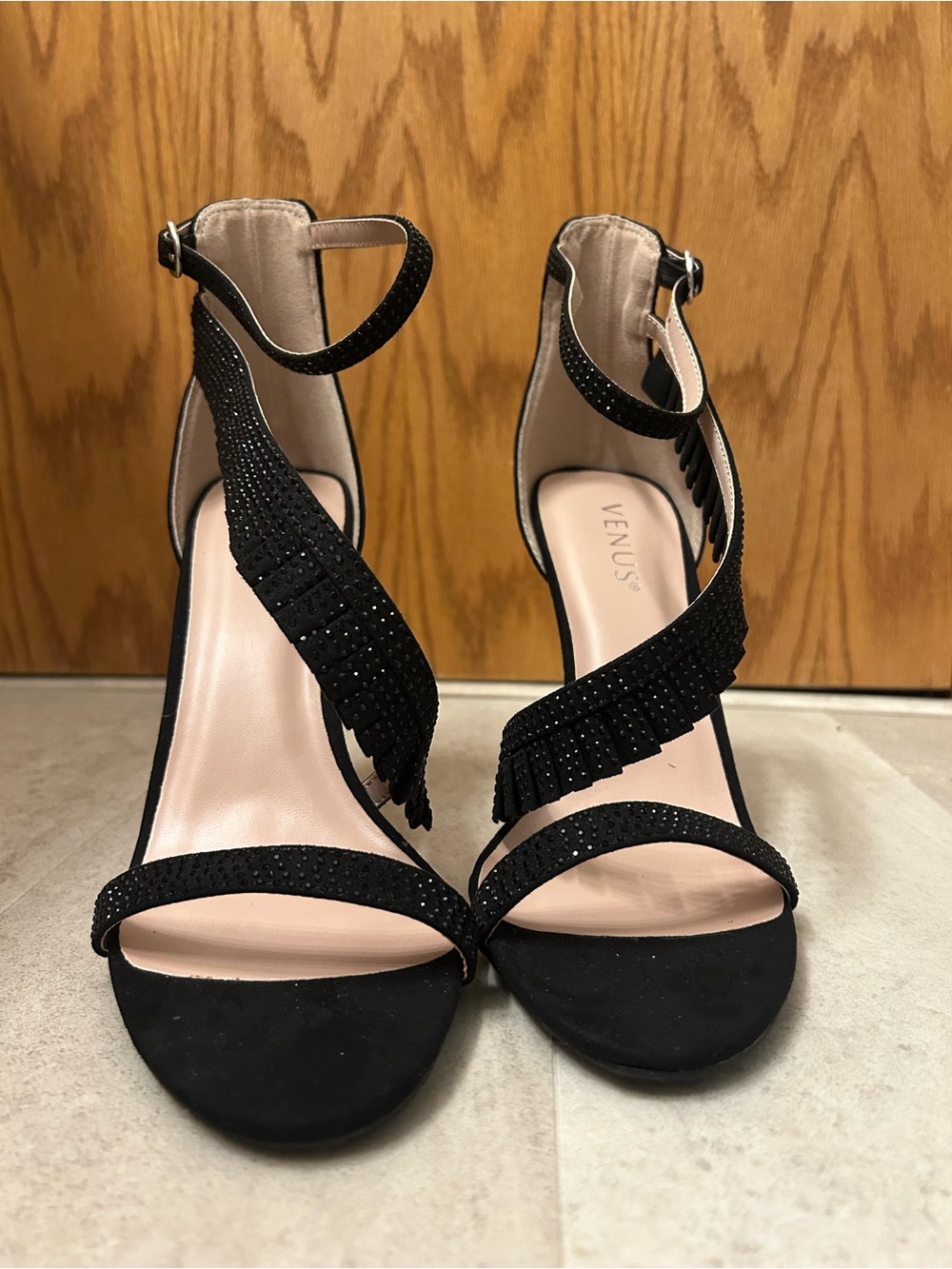 VENUS Black Suede Open-Toe Ankle-Strap Heels with Fringed Studded Straps